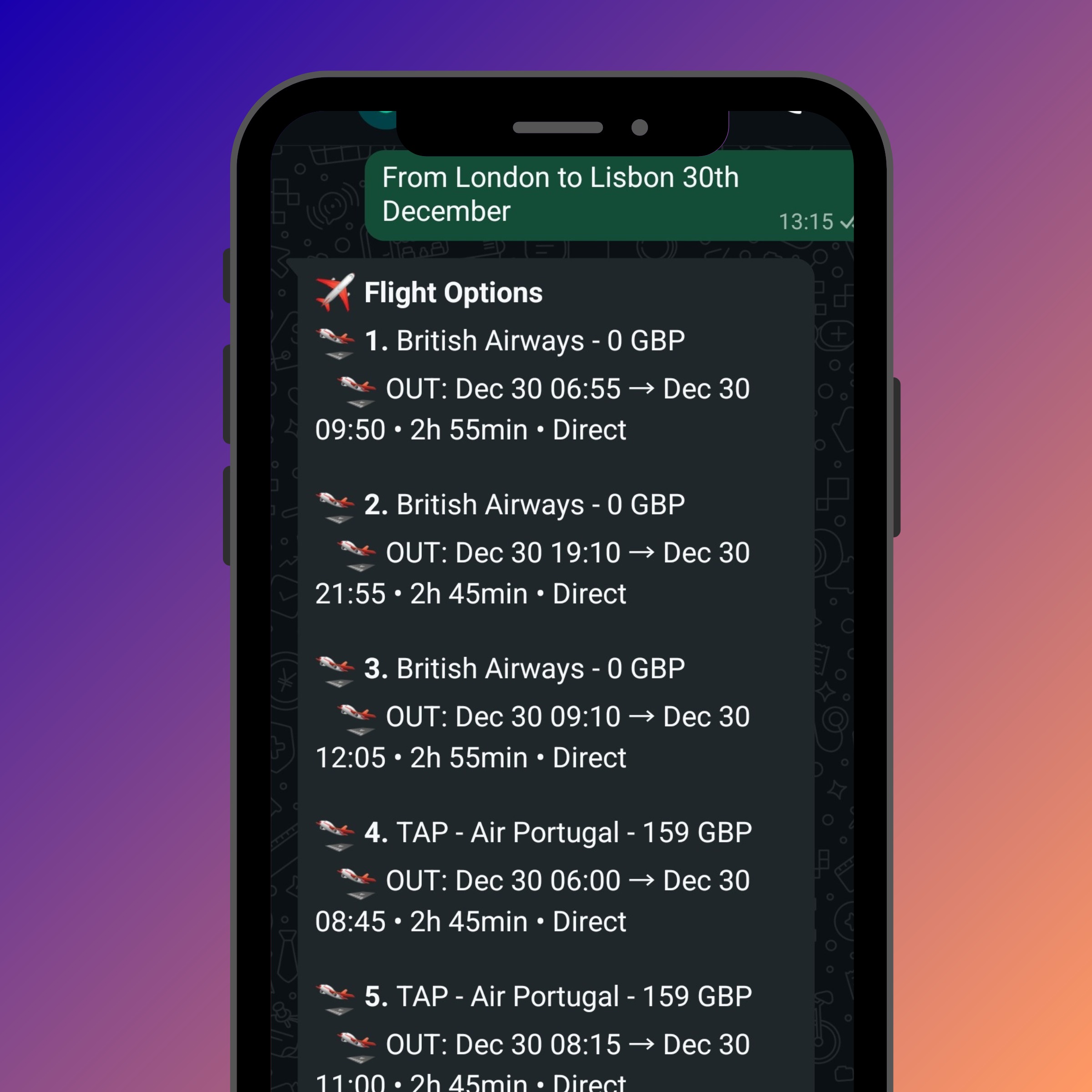 Flight options on mobile